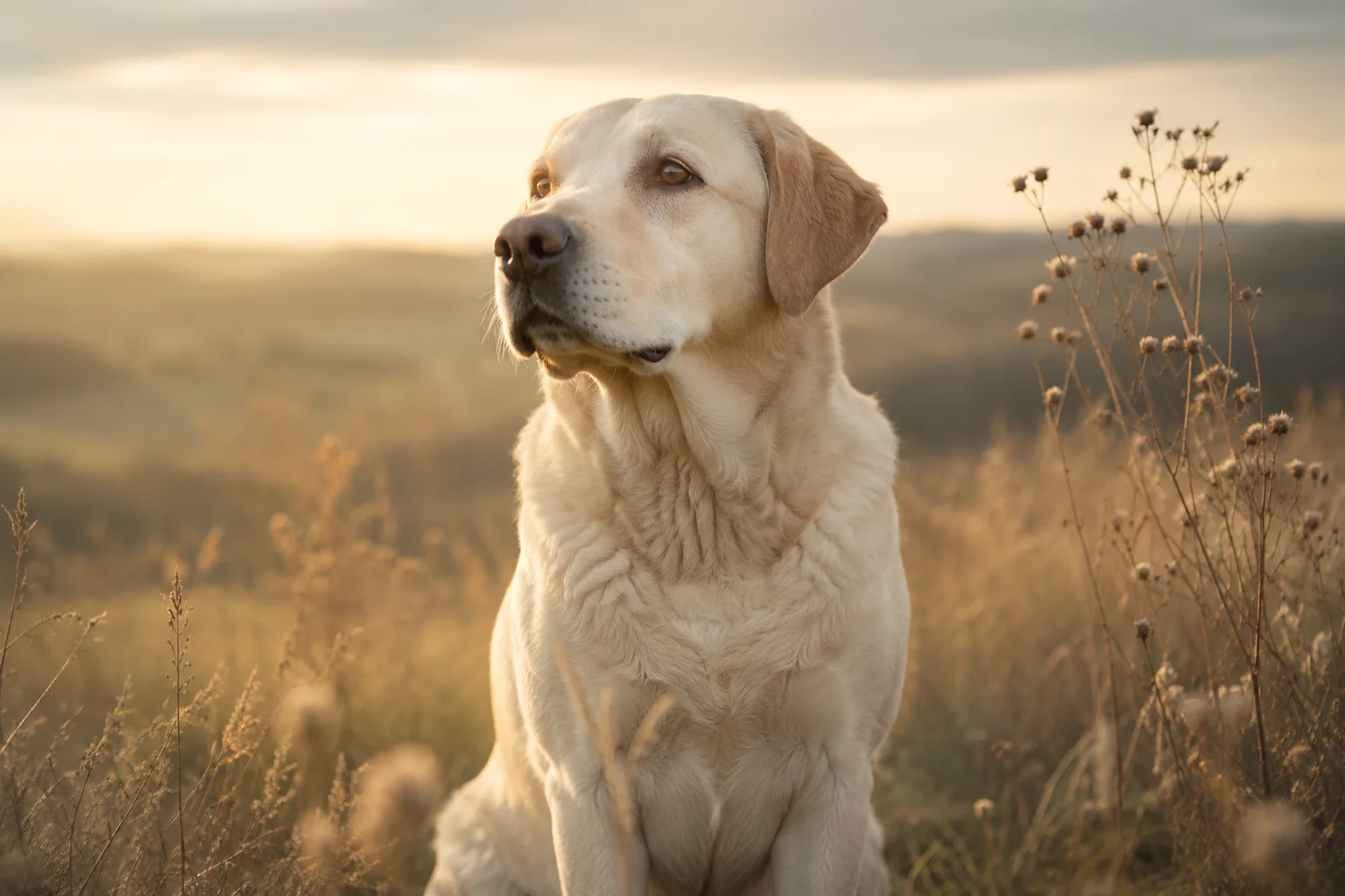 Heller Labrador in einem Feld in der goldenen Abendstunde — Tierkommunikation als Herzstück der Praxis