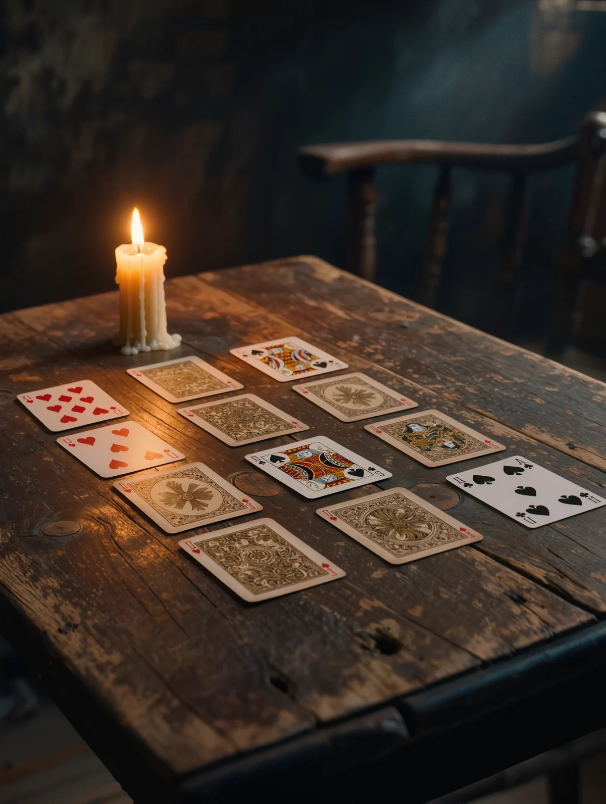 Lenormand-Karten-Auslegung auf altem Holztisch bei Kerzenlicht — Rosinas Kernpraxis