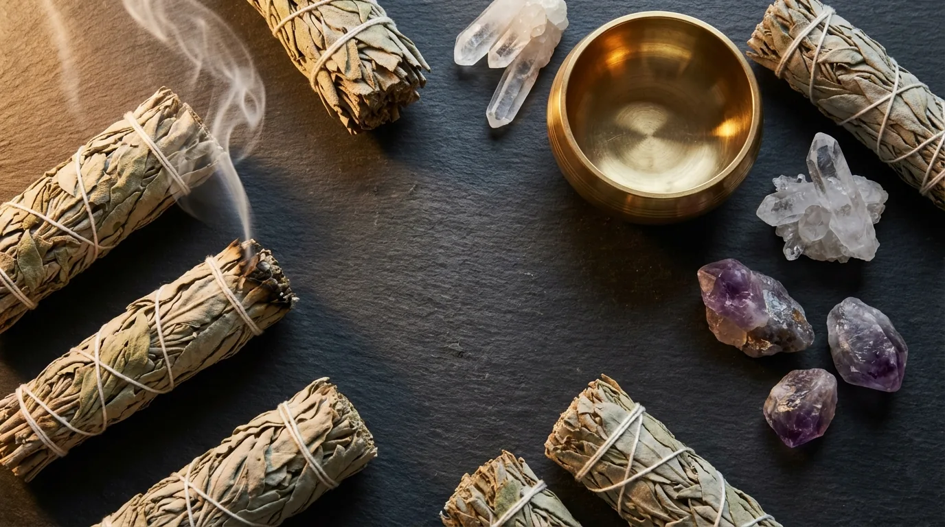Salbeibündel mit Klangschale und Amethyst — Ankommen, bevor das Tier gehört wird